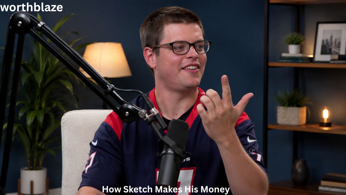 Sketch sits in a podcast studio wearing a football jersey and glasses while speaking into a microphone, discussing content creation and online earnings. The image highlights Sketch Net Worth and how he earns money through streaming and sponsorships.