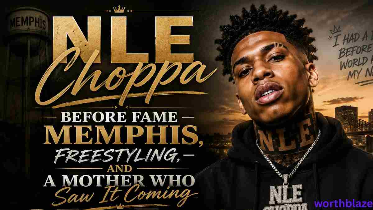 NLE Choppa portrait with bold text reading “Before Fame – Memphis, Freestyling, and a Mother Who Saw It Coming” against a city skyline background for an NLE Choppa Net Worth article.