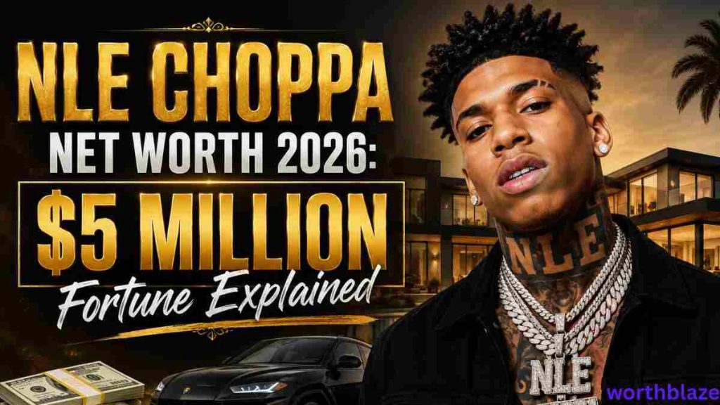 NLE Choppa posing in front of a luxury mansion and sports car with bold gold text showing “NLE Choppa Net Worth 2026: $5 Million Fortune Explained” for a celebrity wealth feature.