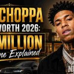 NLE Choppa posing in front of a luxury mansion and sports car with bold gold text showing “NLE Choppa Net Worth 2026: $5 Million Fortune Explained” for a celebrity wealth feature.