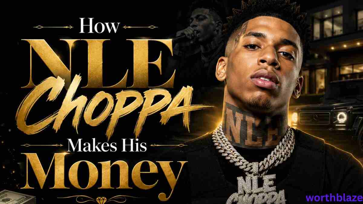 NLE Choppa wearing diamond chains with luxury background and text about how NLE Choppa makes his money and net worth