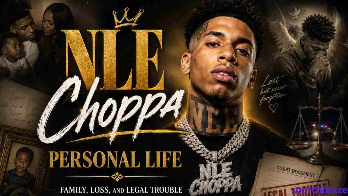 NLE Choppa personal life collage featuring family photos, legal documents, and emotional imagery with text about family, loss, and legal troubles for an NLE Choppa Net Worth article.