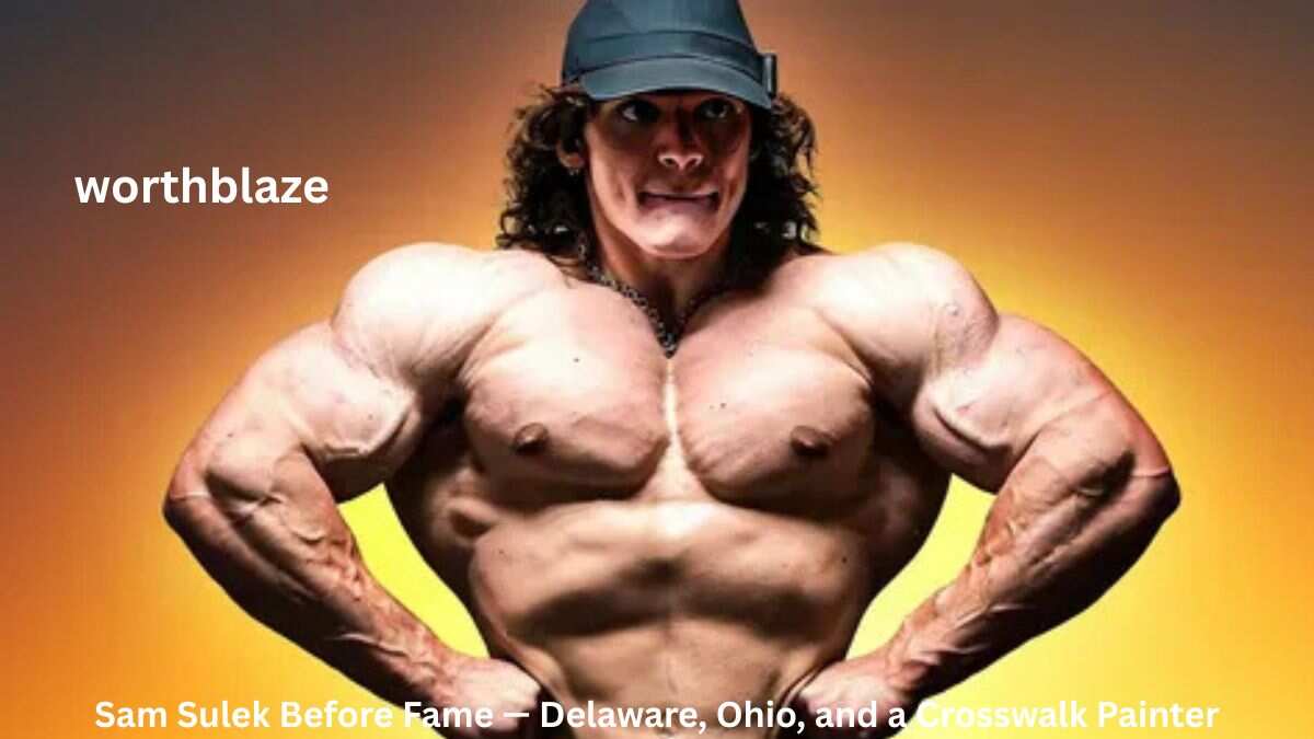 Sam Sulek posing confidently with a muscular physique against a dramatic golden background, featured in an article about Sam Sulek Before Fame and his early life in Delaware, Ohio.