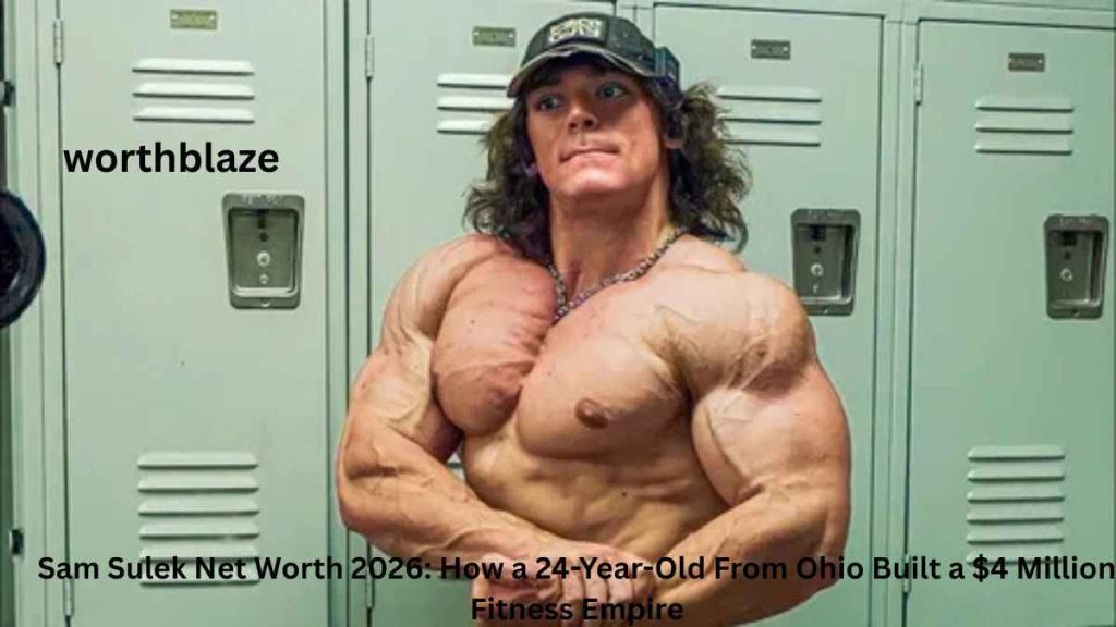 Sam Sulek posing in a gym locker room, showcasing his muscular physique, featured in an article about Sam Sulek Net Worth 2026 and his fitness empire success.