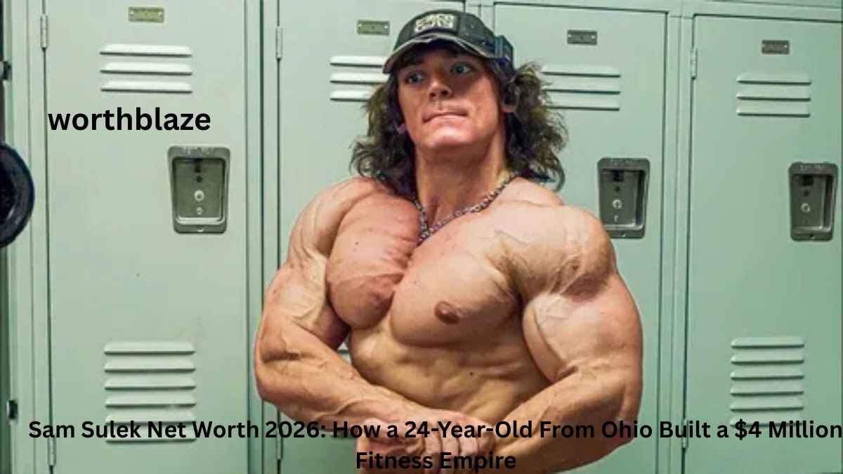 Sam Sulek posing in a gym locker room, showcasing his muscular physique, featured in an article about Sam Sulek Net Worth 2026 and his fitness empire success.