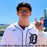 A young man wearing a Detroit Tigers jersey and cap stands inside a baseball stadium, pointing upward with the Tigers scoreboard visible in the background. The image is used for an article about Sketch Net Worth and his growing online empire.
