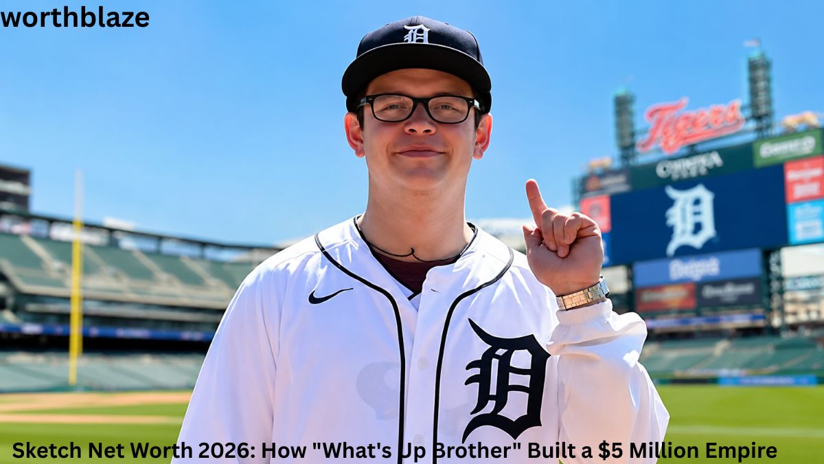 A young man wearing a Detroit Tigers jersey and cap stands inside a baseball stadium, pointing upward with the Tigers scoreboard visible in the background. The image is used for an article about Sketch Net Worth and his growing online empire.