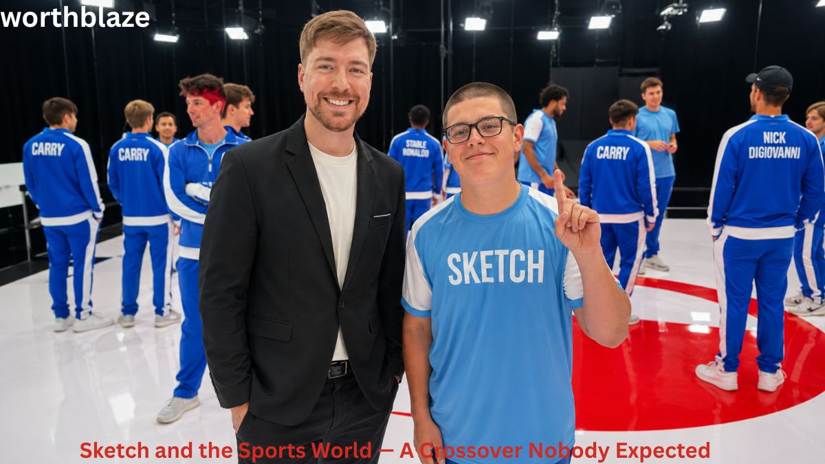 Sketch poses beside a popular YouTube creator in a bright studio surrounded by athletes and influencers wearing matching blue tracksuits. The image highlights Sketch Net Worth and his growing influence in sports and entertainment collaborations.