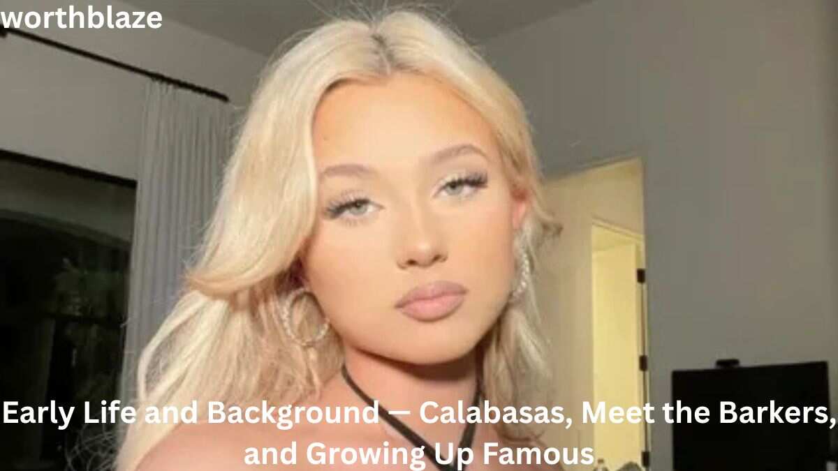 Alabama Barker posing indoors with blonde hair and a neutral expression, featured in an article about her early life and Alabama Barker Net Worth journey.