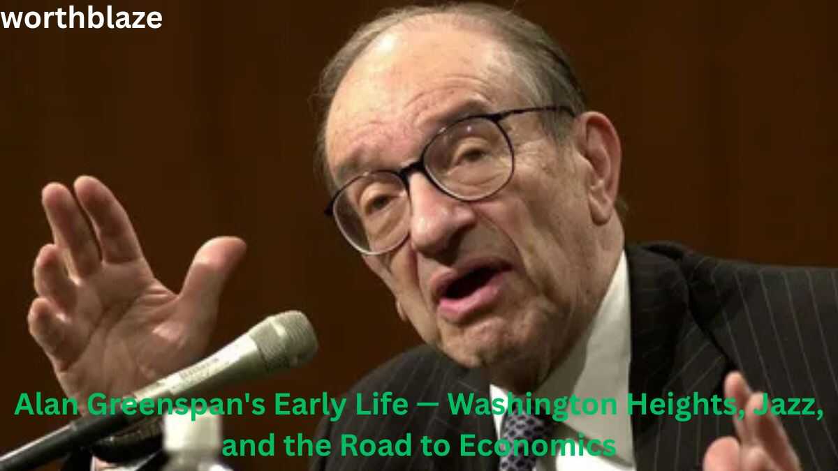 Alan Greenspan speaking at a public event, discussing his early life, education, and journey into economics.