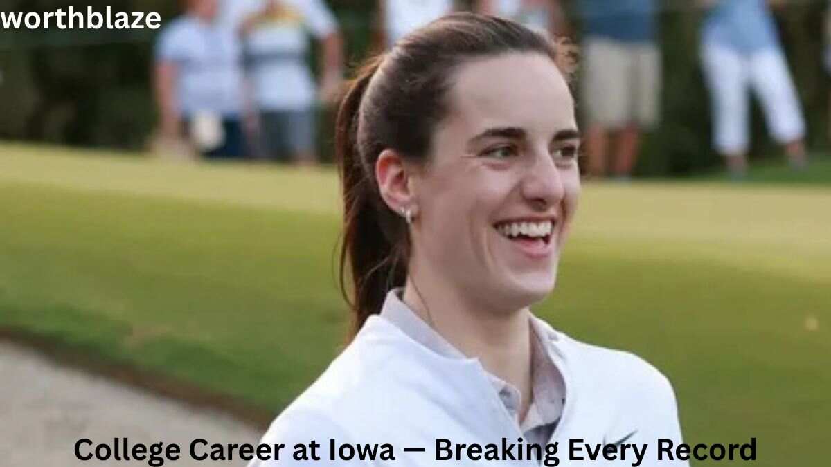 Caitlin Clark during her record-breaking Iowa college career, highlighting the journey behind Caitlin Clark Net Worth and basketball success.