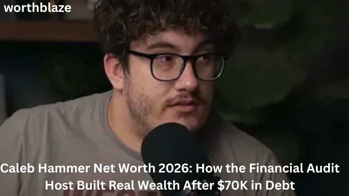 Caleb Hammer speaking into a microphone during a financial podcast, discussing his journey from debt to success and the growth of Caleb Hammer Net Worth.