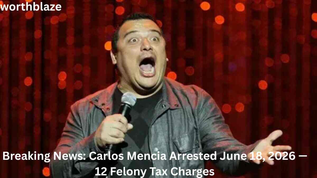 Carlos Mencia performing stand-up comedy on stage with a microphone, featured in a news-style image discussing Carlos Mencia Net Worth and recent headlines.