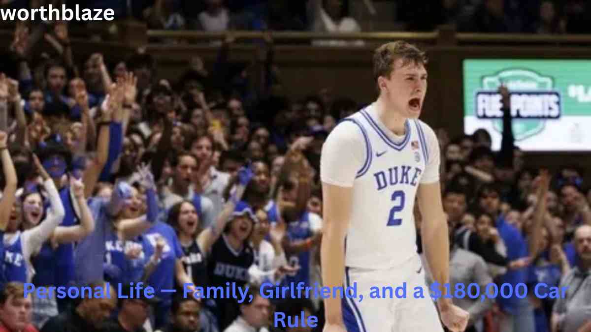 Cooper Flagg celebrating in a Duke basketball jersey during a college game, featured in a Cooper Flagg Net Worth article covering his personal life and career.
