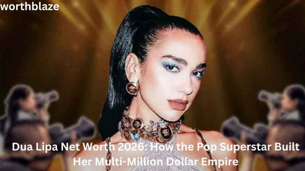 Dua Lipa posing in a glamorous outfit and statement jewelry, featured in an article about Dua Lipa Net Worth and her multi-million-dollar success.