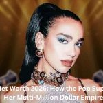 Dua Lipa posing in a glamorous outfit and statement jewelry, featured in an article about Dua Lipa Net Worth and her multi-million-dollar success.