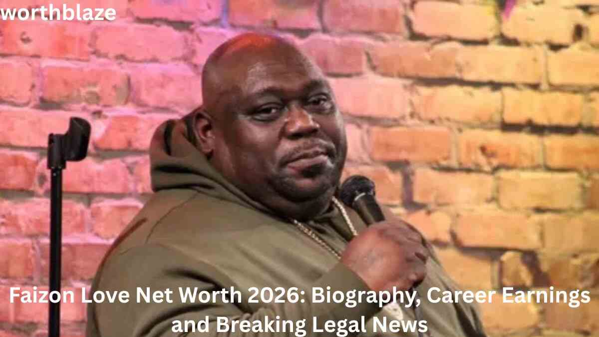 Faizon Love performing stand-up comedy on stage with a microphone, highlighting Faizon Love Net Worth, career earnings, biography, and legal news.