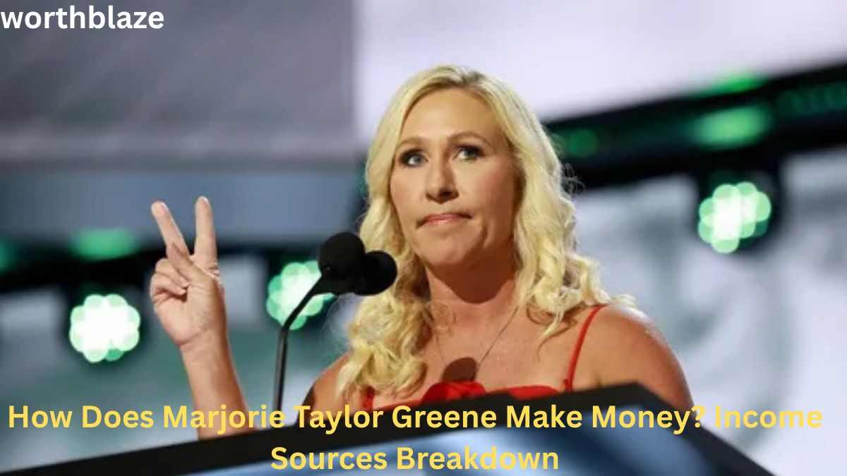 Marjorie Taylor Greene speaking at a public event, discussing her career and the various income sources that contribute to her wealth.