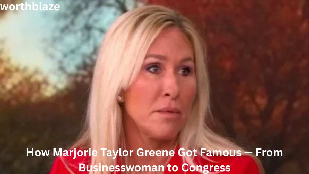 Marjorie Taylor Greene appearing in a television interview, highlighting the story of how she rose to prominence from businesswoman to U.S. Congress member.