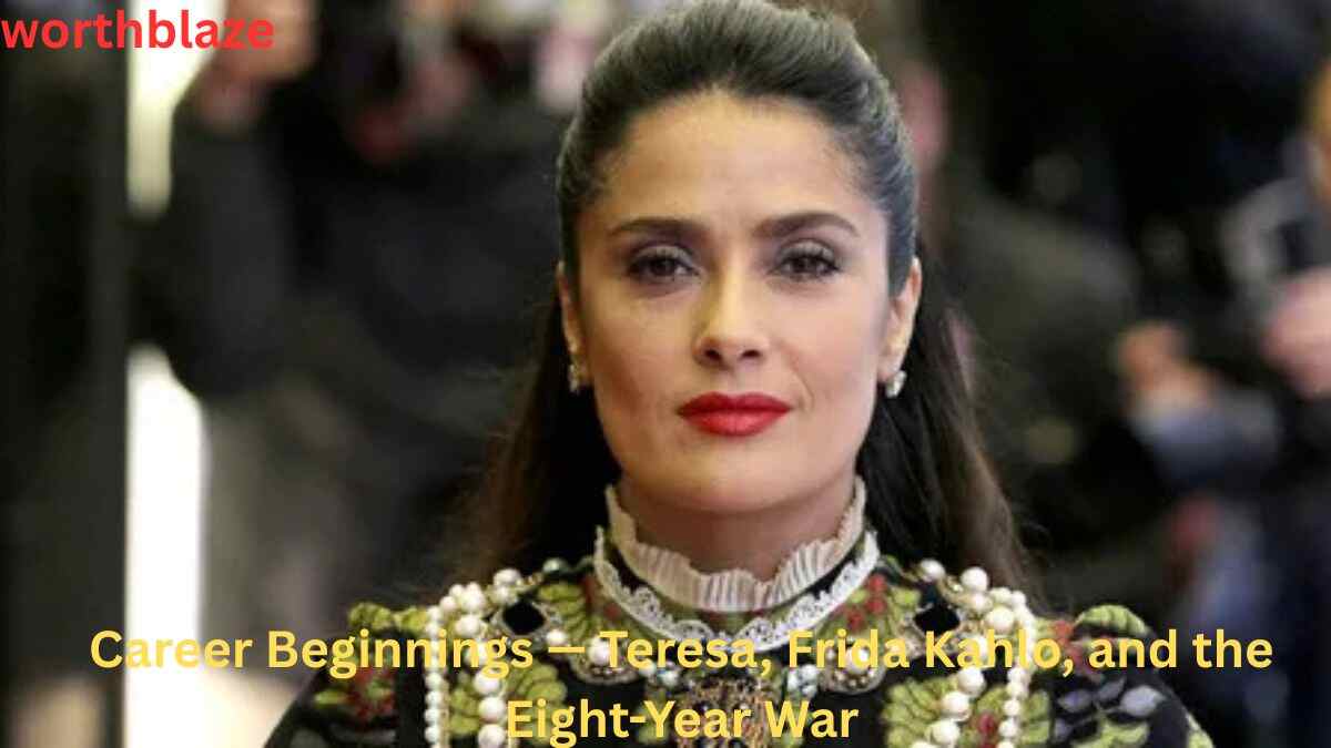 Salma Hayek during a public appearance, highlighting her early career journey from Teresa to Frida Kahlo.