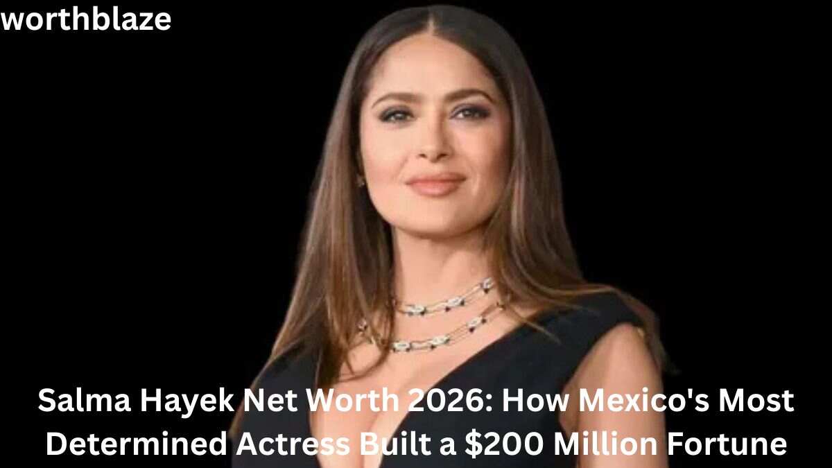 Salma Hayek Net Worth 2026 featuring the successful Mexican actress and producer in an elegant black dress.