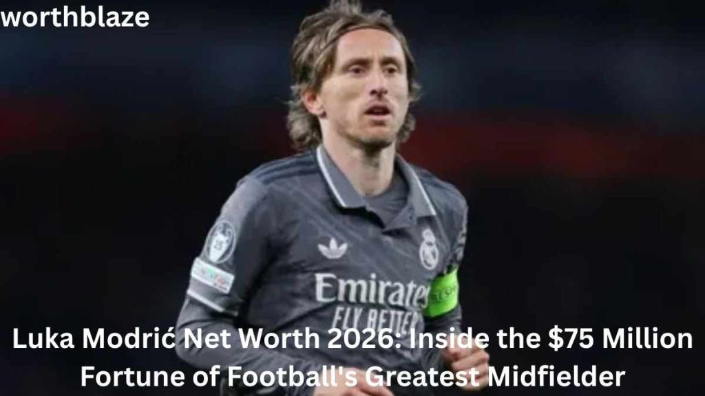 Luka Modrić in a Real Madrid jersey during a football match, highlighting Luka Modrić Net Worth and his successful football career.
